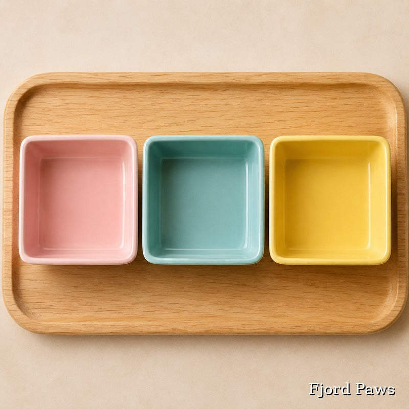 Three small square ceramic bowls in pastel pink, mint green, and yellow, arranged side by side on a light wood tray against a warm beige background. The text 'Fjord Paws' appears in the bottom right corner.