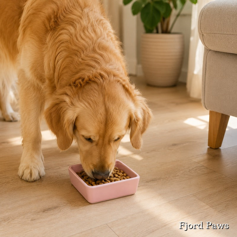 A golden retriever dog eating from a small pink square bowl on a light wood floor in a bright indoor room. The text 'Fjord Paws' appears in the bottom right corner.